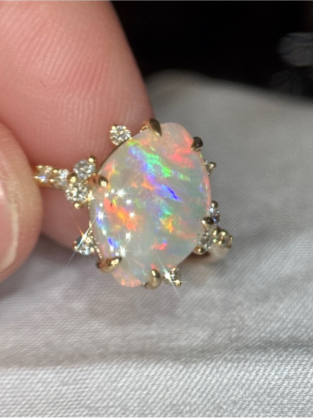 Australian Opal and Diamond Halo Ring in 14k Yellow Gold - Iridescent Opal - Picture 6 of 12
